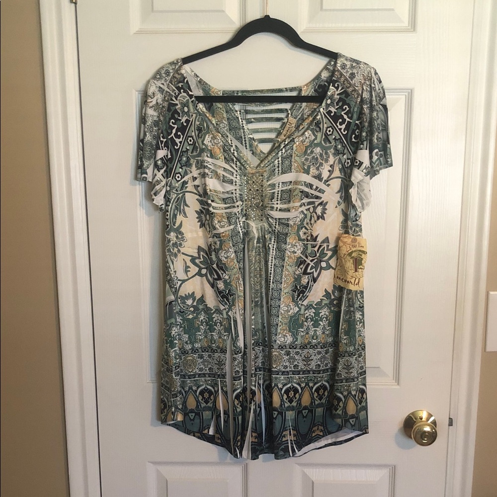 ONE WORLD Green and Cream Patterned Blouse